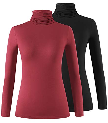 Xelky Womens Long Sleeve Turtleneck Shirt Lightweight Slim Turtle Neck Active Tops Basic Pullover Undershirt 2 Pack Black/Wine Red L