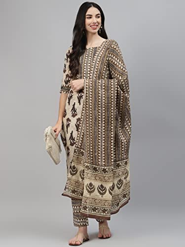 Image of Arayna Women's Cotton Printed Straight Kurta with Palazzo Pants & Dupatta Set