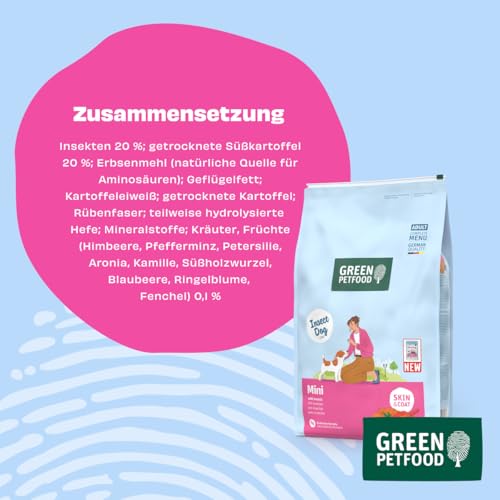 Green Petfood InsectDog Mini mit Insekten (1 x 900 g) | Adult Mini | Premium Trockenfutter für ausgewachsene kleine Hunde | Süßkartoffel & Erbse | getreidefrei | extrakleine Kroketten | 1er Pack