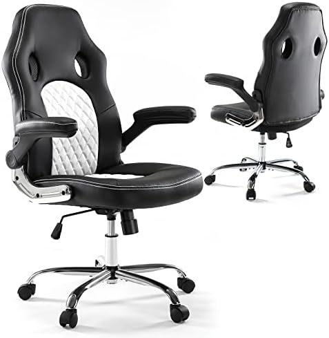 Gaming Chair, Home Office Computer Chair PU Leather Ergonomic Racing Desk Chair Adjustable Height Mid Back ﻿Executive Task Chair with Lumbar Support and Flip Up Armrest, Rocking Swivel Comfty Cushion