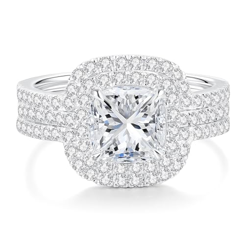 Image of Moissanite Wedding Ring Set for Women, D Color VVS1 Cushion /Emerald Cut Bridal Set Wedding Bands S925 Sterling Silver with 18K White Gold Plated Engagement Anniversary Rings for Her Size 4-8.5