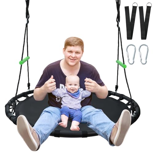 YSEJOMP Black Round Saucer Swing with Handles -Made of Sturdy Frame,PP Mat,Adjustable Multi-Strand Ropes,Safe and Durable for Yard Garden Playground Park (Black+Extra Straps, 48 inches)