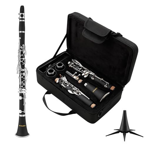MoResolune B Flat Clarinet for Beginner, Student Clarinet Nickel-plated with 2 Barrels Stand Hard Case, Cleaning Kit for School Band Orchestra (Black)