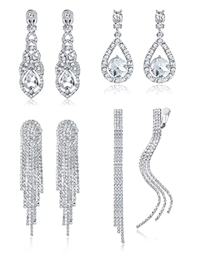 THUNARAZ 4 Pairs Silver Clip on Earrings for Women, Sparkly Rhinestone Tassel Chandelier Teardrop Dangle Earrings for Brides Bridesmaids Non Pierced Prom Jewelry Set