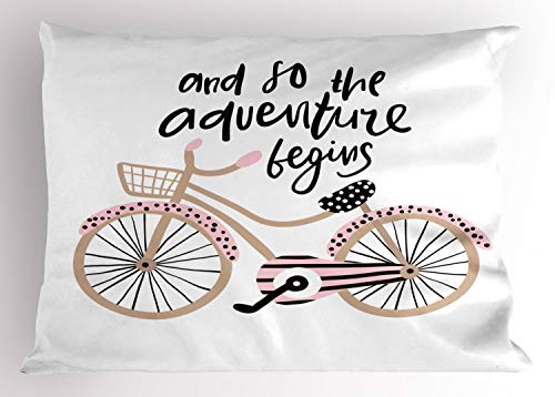 Ambesonne Adventure Cartoon Pillow Sham, Bicycle with and so The Adventure Begins Hand Drawn Phrase, Decorative Standard Size Printed Pillowcase, 26