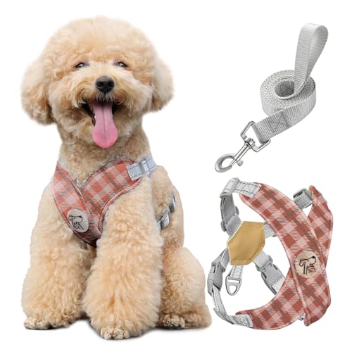 Pawaboo Hundegeschirr mit Hundeleine Set, X-Rahmen Verstellbares Anti Zug Anti-Erstickung Hund Brustgeschirr für Kleine, Mittelgroße Hunde & Welpen, Hundeweste mit Leine, M, Khaki Kariert