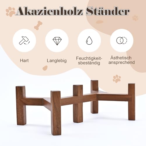 SPUNKYJUNKY Hundenapf Keramik Doppel Hund Futternapf Erhöhte Napf mit Akazienholz Ständer für Katzen und Hunde(850ml, Weiß)