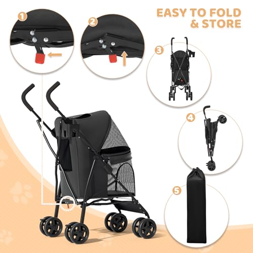 Image of Magshion Compact Fold Pet Travel Stroller for Small Dogs Cats, Black | Up to 22lbs, 4-Wheel Lightweight Umbrella Shaped Design, Safety Tethers, Breathable Mesh, Cup Holder & Rear Storage