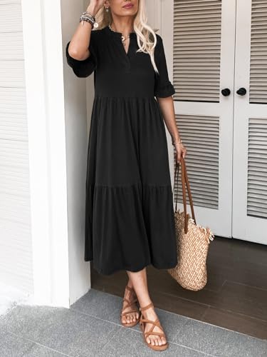 Image of Mieazom Short Sleeves Maxi Dress for Women A Line Summer Dress V Neck Casual Loose Tiered Long Dresses with Pockets