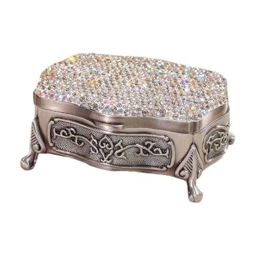 Boîte à bijoux décorative vintage en cristal de luxe – Boîte à bijoux élégante en alliage avec strass pour boucles d'oreilles, bracelets et accessoires (argenté)