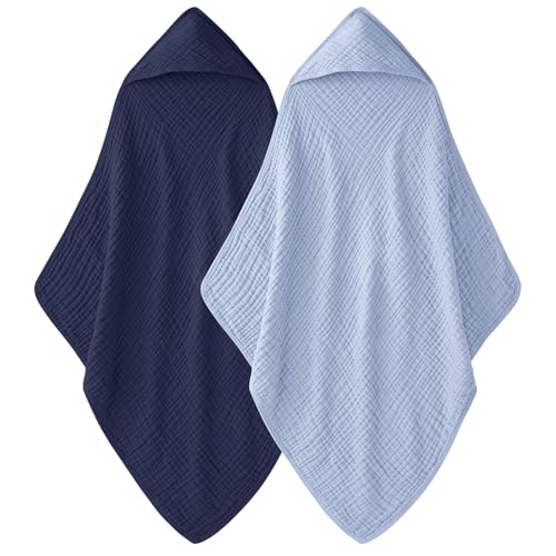 Image of Unnivoll Hooded Baby Towels for Newborn - 2 Pack, 100% Muslin Cotton, Baby Bath Towels with Hood, Soft and Absorbent for Boys, Girls Infant, Toddler and Kids, Large 32x32 Inches, Newborn Essential
