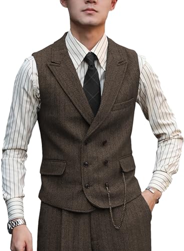 Men Vests Wool Herringbone Tweed Suit Vest Double Breasted Waistcoat
