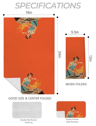 I'm Fine Funny Cooking Kitchen Towels, 50s Retro Housewife Decorative Dish Tea Towels, Mid Century Modern Sarcastic Humor Hand Towels for Kitchen, Hostess Gifts, 16x24 Inch