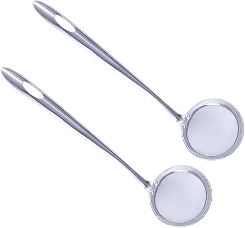 Vctitil 2 coladores de alimentos de malla fina de 2.9 pulgadas, cucharas de espumadera de acero inoxidable, colador de grasa con mango largo para