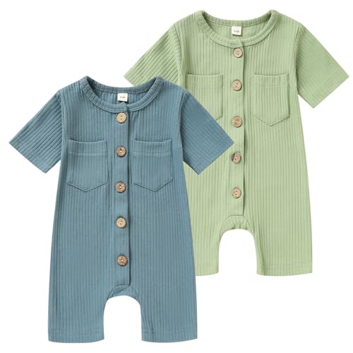 Image of TITKKOP Newborn Baby Boy Girl Clothes 2 Pack Solid Romper Short Sleeve One-Piece Jumpsuits Outfits Sets