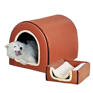 Dog Bed,2 Ways to Use,Indoor Pet House with Fluffy Mat,Removable and Washable Cover,Splash-Proof House and Non-Slip Bottom,for Large Dogs(2XL Brown Faux Leather)