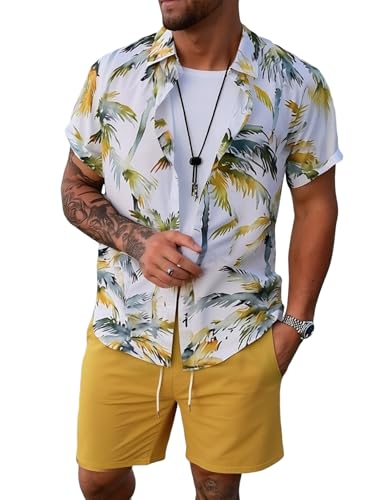 Image of Yimoon Men's Summer 2 Piece Outfits Tropical Print Short Sleeve Button Down Hawaiian Beach Shirt and Shorts Set