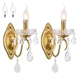 Ondersley Crystal Wall sconces Set of Two, Gold sconces Wall Set of 2, Vintage Crystal Wall Light, Candelabra Wall Sconce Light Fixture, Gold Brass Finish, 1-Light with Glass Drops