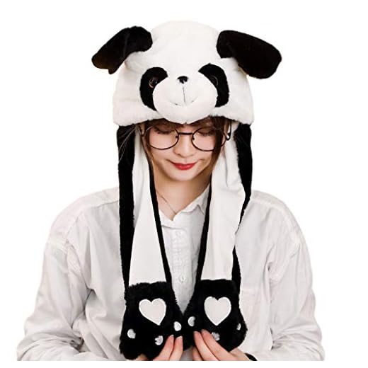 MYBOON Barn vuxen kort plysch söt 3D tecknad panda djurhatt med rörliga öron dubbel krockkudde tassar varm öronlapp mössa leksak fest rekvisita