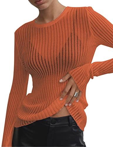 Image of KAMISSY Women See Through Crew Neck Sheer Mesh Knitted Sweater Solid Basic Long Sleeve Loose Fit Knit Pullover Jumper Top