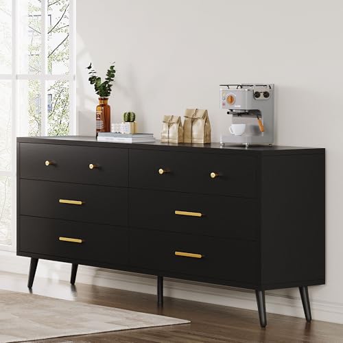 DWVO Black 6 Drawers Dresser/Modern Wood Dresser Chest of Drawers with Black Metal Handle&Anti-Tipping Device/Modern Double Storage Cabinet for Entryway/Living Room
