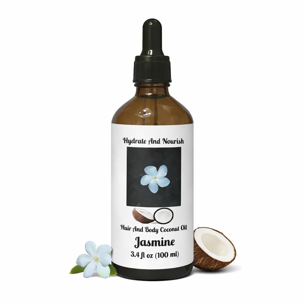 Jasmine Hair & Skin Coconut Oil - Hydrating Coconut & Sweet Almond Oil Blend with Rosemary & Vitamin E, Moisturizing Body Oil for Soft, Glowing Skin & Shiny Hair - 3.4 fl oz
