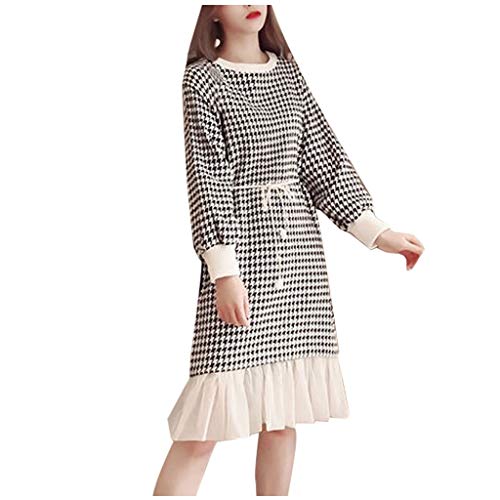 Plaid Dress,Kingwo Women Ladies Winter Spring Long Sleeve Mdi Dress Temperament Mesh Patchwork Mid-Length Knee-Length Woolen Dress UK Size 8~18 Black