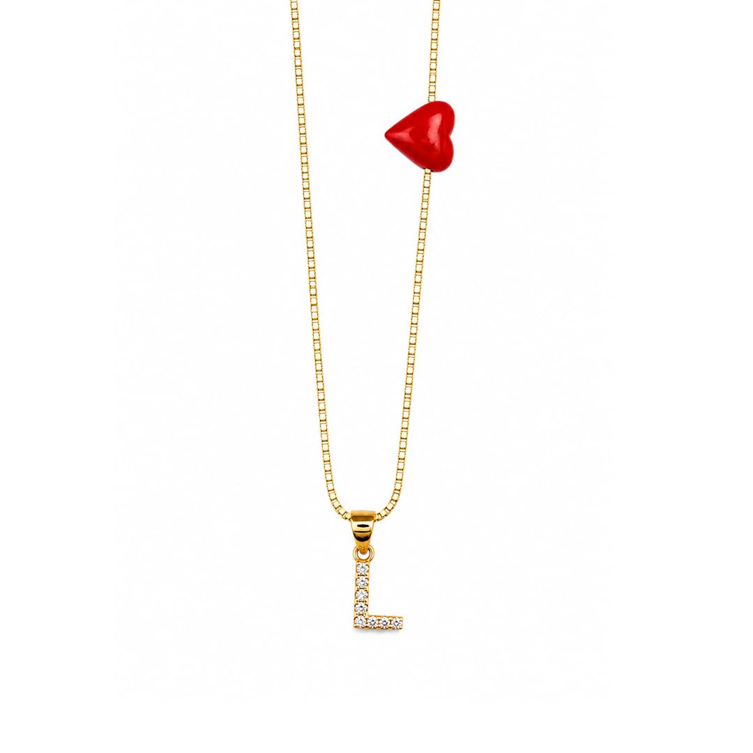 Collana Lettera del Cuore con Iniziale Zirconata e Cuore in Corallo Rosso naturale del Mediterraneo gioiello elegante minimal da donna ragazza