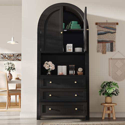 Idemon Armario de almacenamiento de arco alto con cajones y puertas, puerta de almacenamiento de arco alto independiente para cocina y sala de estar, estante de arco blanco con área de exposición