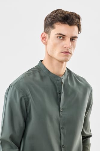 Image of SNITCH Men Casual Shirt | Oversized Fit Full Sleeve Mandarin Collar Solid Design | Modal Blend & Breathable Fabric for Everyday Wear & Semi-Formal Occasions