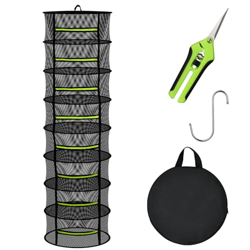 MEKOLIFE Herb Drying Rack Hanging-8 Layer, Collapsible Large Capacity Mesh Net with Green Zipper, Hooks & Bonus Garden Scissors, for Fresh Herbs/Flowers/Plants, Indoor Outdoor Use (23.62')