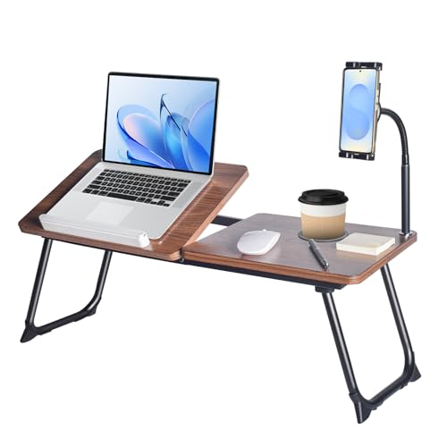 Portable Laptop Desk with Phone Holder, Foldable Legs, Dark Wood Finish