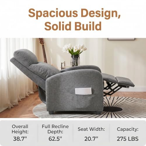 Image of Manual Recliner Chair, Oversized Lazy Boy Reclining Sofa with Adjustable Backrest & Extended Footrest, Ergonomic Single Recliner Couch for Home Theater Seating, Living Room, Bedroom, Gray
