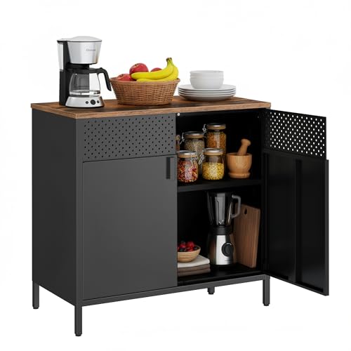 SONGMICS Armario de Almacenamiento, Aparador de Metal, Doble Puerta Magnética, Estante Ajustable, Marco de Acero, 40 x 80 x 76 cm, Marrón Rústico y Negro LSC102B01