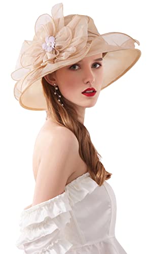 RZTA Womens Kentucky Derby Church Dress Hat Wide Brim Leaf Flower Bridal Shower Hat T1 Gold