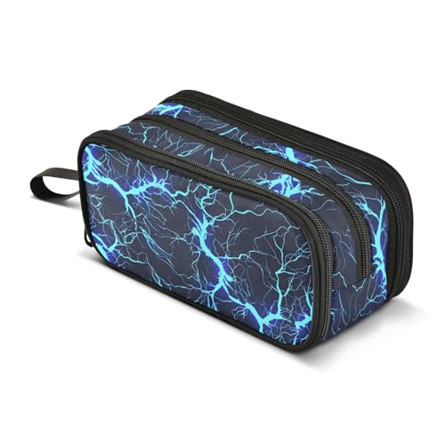 Image of Dark Blue Electric Lightning Pencil Case Box Boys Girls Large Pencil Pouch with Zipper Compartments Big Capacity Stationery Pen Bag Organizer for Kids Teens Adults School