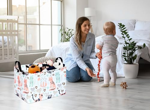 Image of Kid Clothes Storage Basket Gift Shelf Basket Toy Storage Bin, Nursery Basket Organizer Box for With Handles for Room Deco Cat Pattern