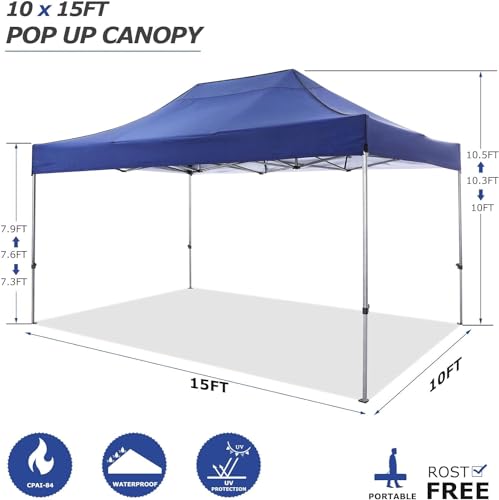 Image of COBIZI 10x15 Heavy Duty Pop Up Canopy Tent with 4 Sidewalls Thicken Frame, Commercial Easy Up Outdoor Wedding Party Tents, All Season Waterproof Windproof with Stakes Sandbags Ropes Bag, Navy Blue