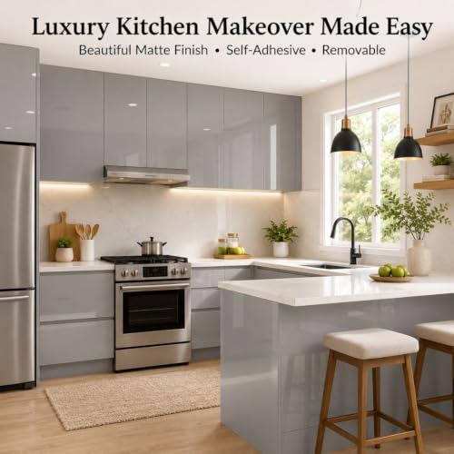 Image of HOME13 Grey Wallpaper Glossy Grey Peel and Stick Wallpaper Self Adhesive Decorative Vinyl Sticker for Shelf Liner Kitchen Cabinet Table Door Waterproof Removable(20x100 Inch)