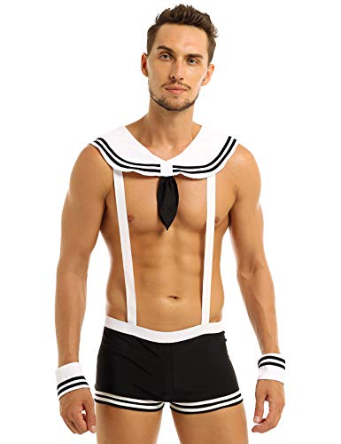 Agoky Disfraz de Marinero para Hombre 3Pcs Cosplay Uniforme Sexy Conjunto de Ropa Interior Collar Boxer Pulsera Ropa de Noche Nightwear Adulto Negro Y Blanco Medium