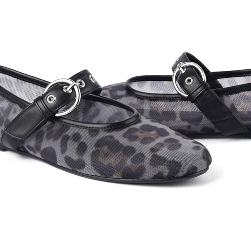 Image of Gothictor Women's Mesh Ballet Flats Round Toe Leopard Mary Jane Shoes Women | Cushioned Comfort, Easy to Style, Buckle Strap, Cheetah Print, Ballerina, Breathable, Wide Width, Non-Slip, Dressy Casual