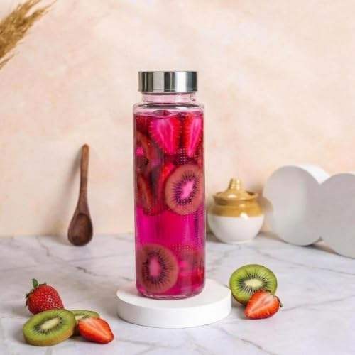 Image of CROCO JAR Wide Mouth Glass Water Bottle with Leak-Proof Airtight Double Layer Stainless Steel Lid for Water, Smoothie, Juices (500ML STEEL PK2)
