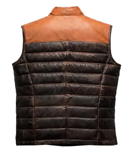 Leather Down Puffer Vest | Quilted Down Two Tone and Brown Color | Outdoor Sleeveless Men's Vests2