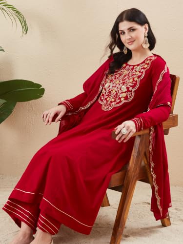 Image of MOKOSH Women's Cotton Anarkali Kurta Palazzo with Dupatta | Anarkali Kurta Set | Round Neck Full Sleeve | 3 Piece Outfit | Indian Kurta Outfit With Palazzo Pant | Embroidered