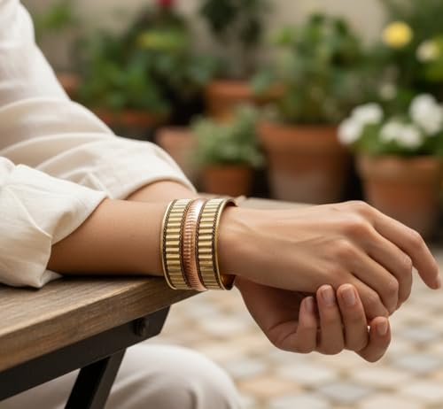Image of Touchstone Indian Bollywood Desire Brass Base Exotic Workmanship Free Size Cuff Bracelet in Antique Gold Or White Or Copper Tone for Women.
