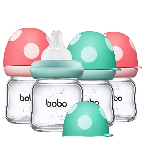 Image of YOHKOH Natural Glass Baby Bottle with Level 1 Slow Flow Nipple, Newborn Anti-Colic Baby Bottles, Wide Neck Mushroom Baby Glass Bottle (3.4oz (Pack of 4), Multicolour)
