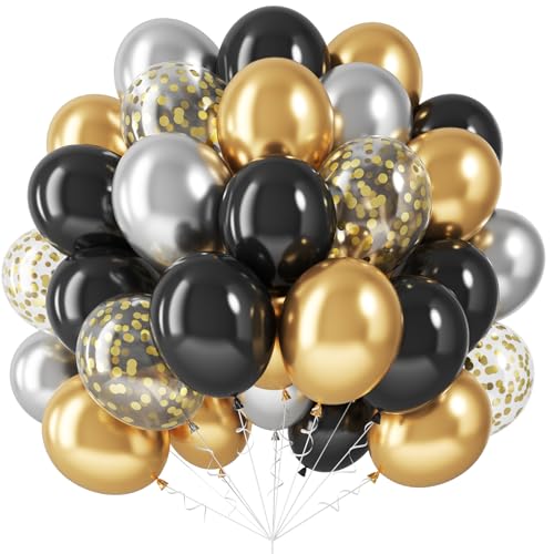 Image of Jobkoo Black Gold Balloons, Metallic Gold Silver Black Latex Balloon with Confetti Helium Party Balloons for Graduation Birthday Wedding Retirement New Year Decorations