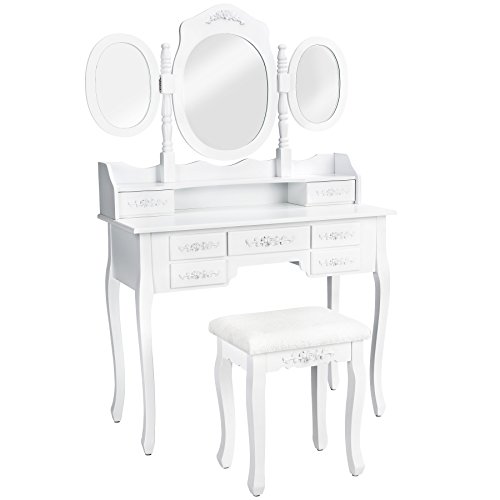 TecTake® Tocador de Maquillaje con Taburete Madera, 3 Espejos Ovalados, 7 Cajones Espaciosos, Adornos de Rosas, Estilo Clásico, Elegante, Lacado en Blanco, Mujer, Espejo Tocador - Blanco