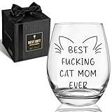QHLLWT Cat Mom Wine Glass Gifts for Women, Best cat mom Ever, 15oz Cute Stemless Wine Glasses, Christmas Mothers Day gifts for Crazy Cats Lady, Wife Aunt BFF Coworkers Friends cats Lovers -16