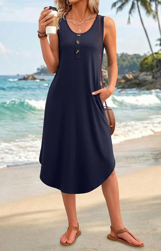 Image of WIHOLL Summer Dresses for Women 2026 Button Front Sleeveless Casual Midi Dress Beach Vacation Sundresses with Pockets